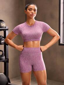 Powerista Conjunto deportivo de camiseta corta de manga corta y cuello redondo con estampado de cebra y pantalones cortos para mujer - Morado - Ver 5