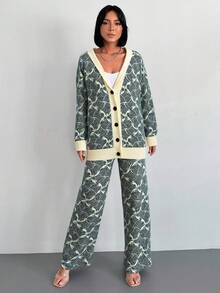 EURMUSE 女式休闲拼色开衫和针织裤两件套，秋冬 - 綠色 - 查看 3