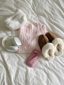 CovetEZ Jersey de punto de cable con ribete a rayas, parte superior para la escuela en otoño/invierno