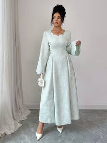 Yasmyna 女士提花绿色水钻系带修身 A 字优雅阿拉伯连衣裙 - 綠色 - 查看 6