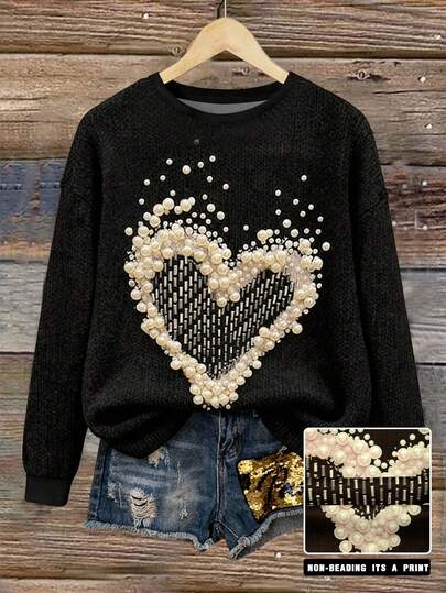 EMERY ROSE Maglioncino casual oversize da donna, autunnale, design carino e alla moda, stampa a cuore con perle finte, tono marrone caldo, adatto per fotografia di strada, uso quotidiano, abbigliamento sportivo, autunno/inverno, rientro a scuola, maglia girocollo a maniche lunghe
