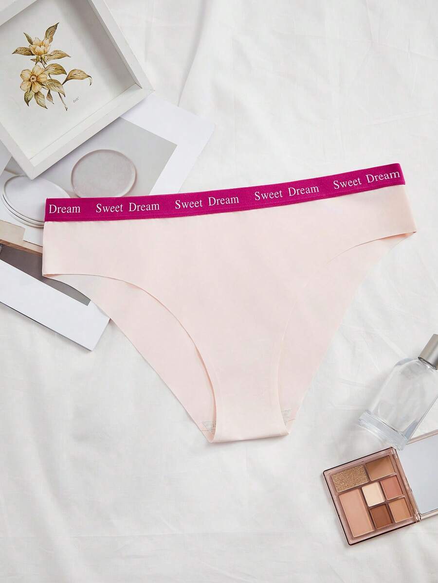 Plus Size Comfortable Letter Waistband Contrast Color Seamless Panties - Pink - View 1