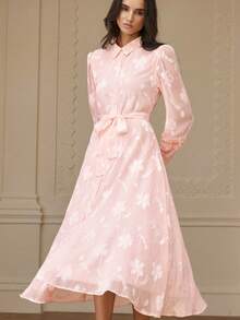 Revavyn 法式束腰系带 Polo 领泡泡袖荷叶边休闲工作服长袖连衣裙 - 粉色 - 查看 4