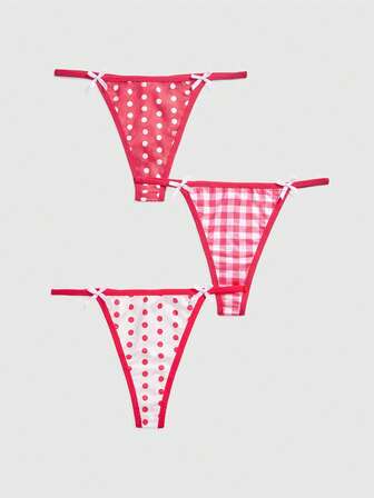 Kawaii 3 pièces/set Culotte tanga pour femmes avec décoration de nœud à pois et carreaux, mignonne et douce