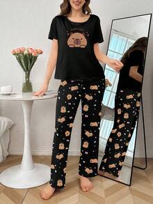2pcs Cute Animal Print Short Sleeve Pajama Set - Multicolor - View 4