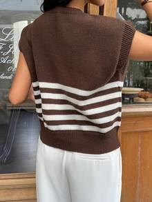 Serisse 女式条纹圆领休闲百搭无袖针织上衣，日常穿着 - 棕色 - 查看 2