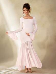 Cheriluna Maternity 女士舒适纯色方领蕾丝长袖褶皱宽下摆优雅孕妇长裙，正式场合/情人节/粉色/冬季连衣裙 - 淺粉色 - 查看 1