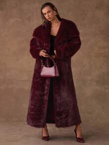 SHEIN BAE 女士优雅长款仿毛领大衣，秋冬 - 酒紅色 - 查看 6