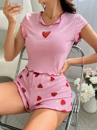 女士草莓印花荷叶边睡衣套装
