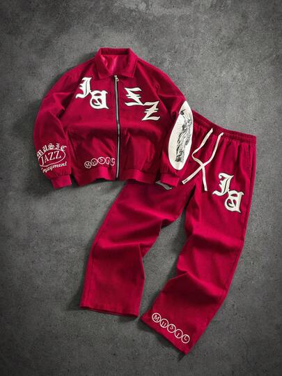 PAVTROS Men's Letter Print Long Sleeve Zip-Up Corduroy Jacket And Drawstring Waist Pants Casual Suit Men 2 Piece Set Patched Sweat Sets Red Men Set Red 2 Piece Set Men 2 Piece Men