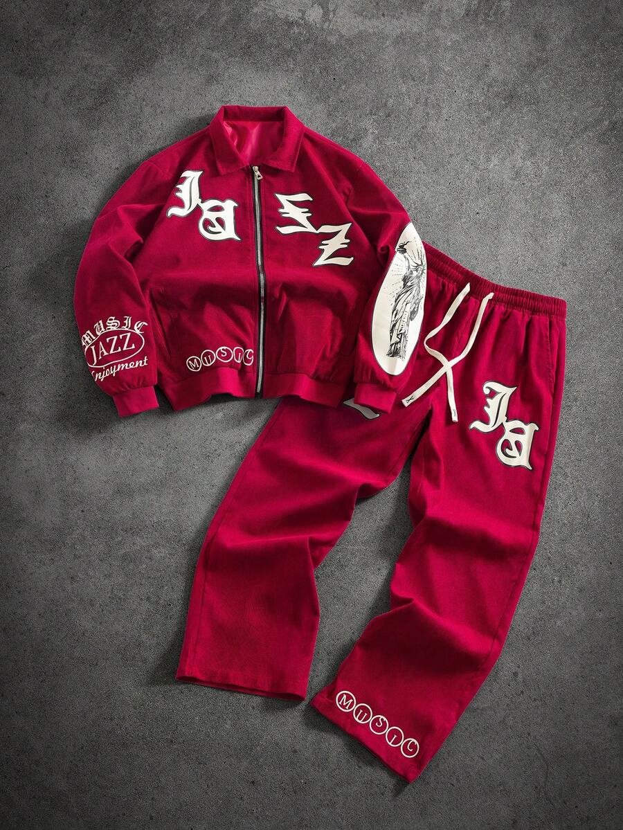 PAVTROS Men's Letter Print Long Sleeve Zip-Up Corduroy Jacket And Drawstring Waist Pants Casual Suit Men 2 Pieces Set Patched Sweat Sets Red Men Set Red 2 Pieces Set Men 2 Pieces Men, For Winter