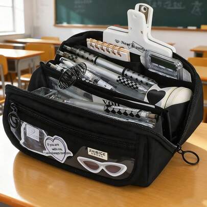1 Peça Bolsa de Armazenamento de Papelaria Multicamadas com Design de Prisma Simples, Estojo de Lápis Multiuso de Grande Capacidade em Tecido para Estudantes, Estojo de Lápis, Mochila Escolar