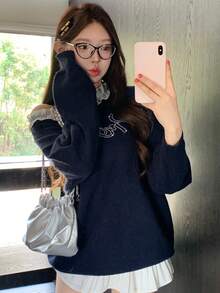 DAZY 女式拼色蕾丝拼布水钻字母图案提花宽松针织毛衣，适合秋季、冬季、新年、圣诞节 - 藏蓝色 - 查看 6