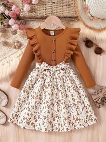 Elladie kids 年轻女孩棕色罗纹圆领长袖碎花下摆拼布 A 字裙，配蝴蝶结腰带，可爱优雅风格，适合日常穿着，春秋季