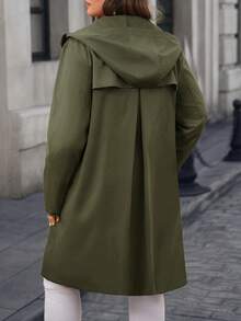 EMERY ROSE Plus Size Casual Solid Color Hooded Trench Coat, Autumn/Winter - Army Green - View 2