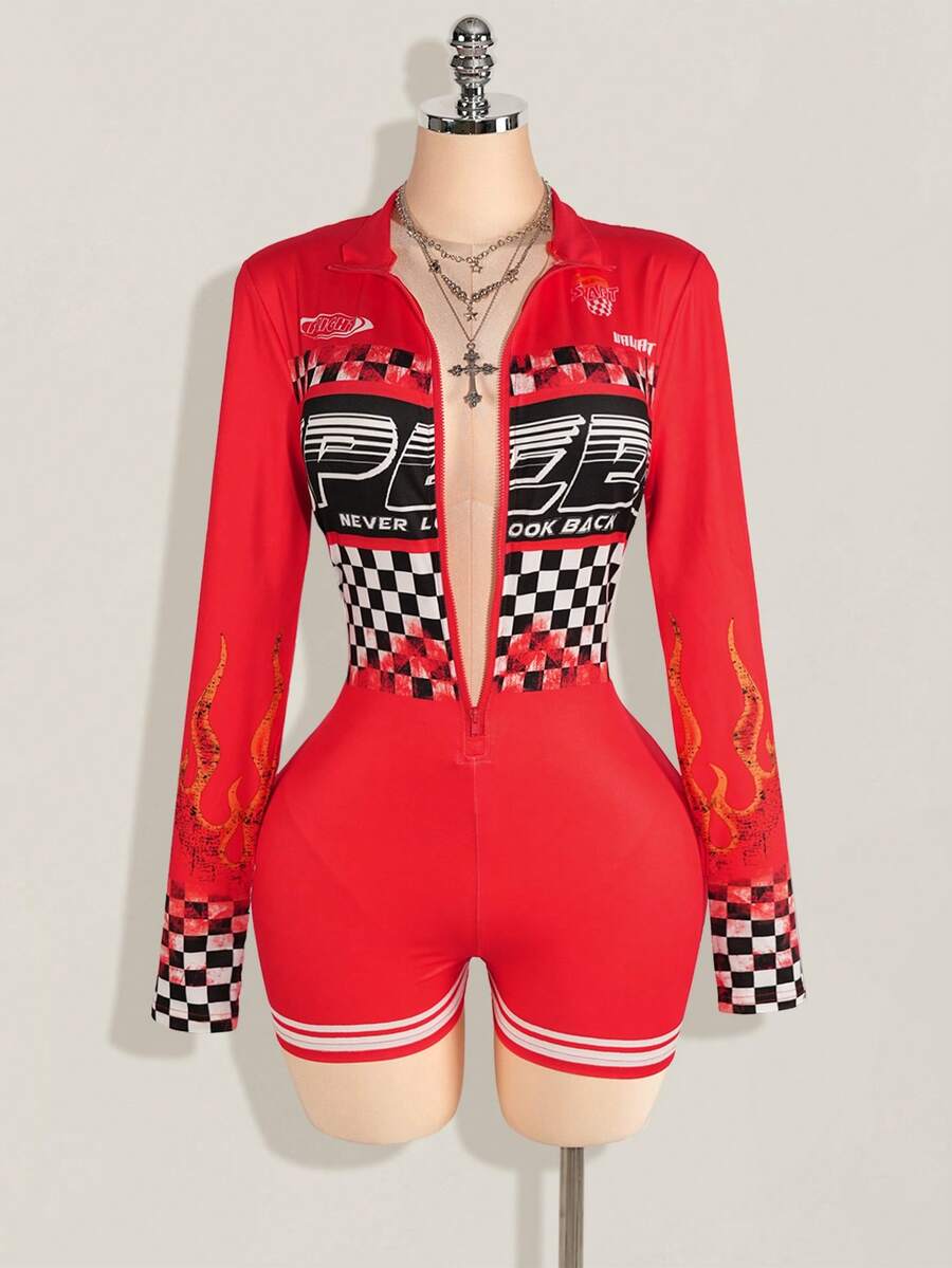 SHEIN ICON PLus Size Y2k Going Out Sports Style Long Sleeve Jumpsuit With Motorcycle Print - Red - View 1