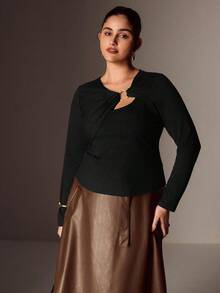 Juhart 加大码 Elenzga 女式纯色圆环图案修身长袖 T 恤 - 黑色 - 查看 3