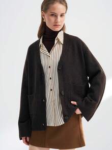 INAWLY 女式简约优雅纯色纽扣前开衫，双口袋，秋冬 - 咖啡棕 - 查看 1