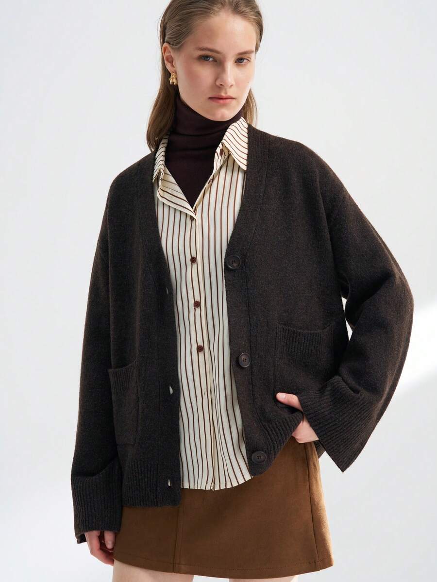 INAWLY 女式简约优雅纯色纽扣前开衫，双口袋，秋冬 - 咖啡棕 - 查看 1