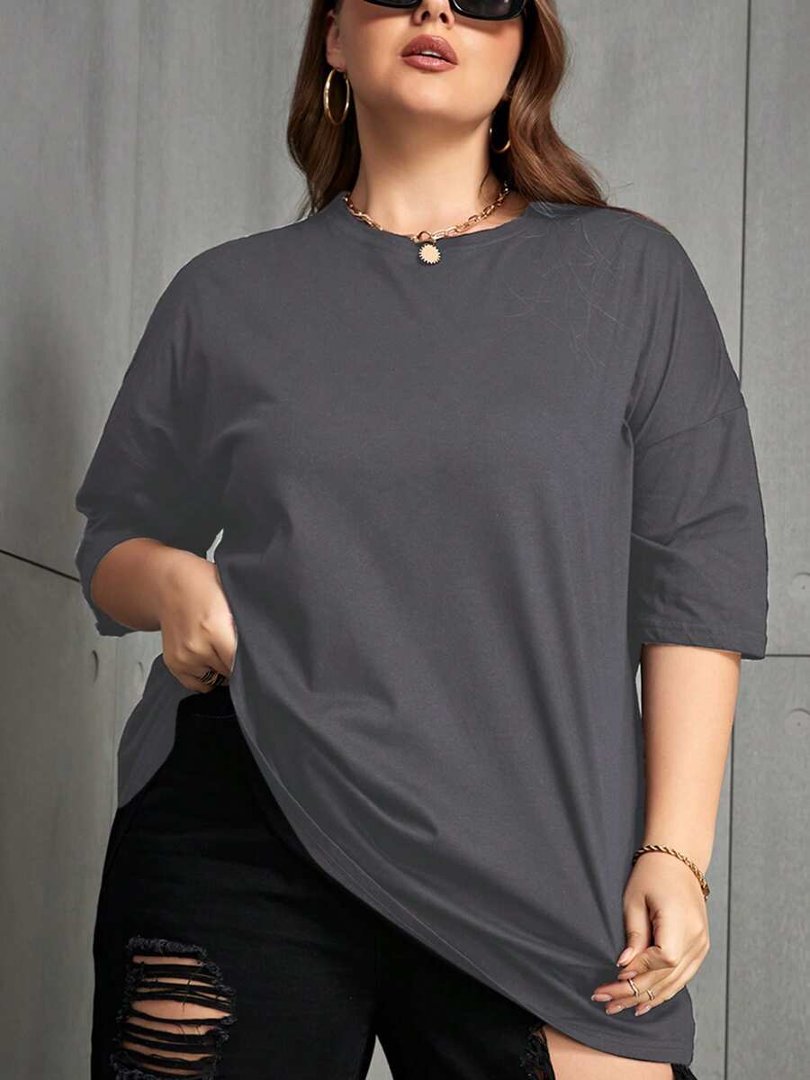 INAWLY 大码女式纯色落肩休闲宽松圆领 T 恤 - 深灰色 - 查看 1
