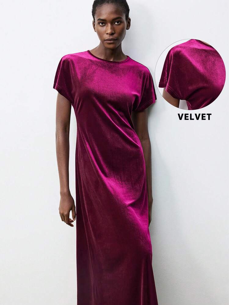 SHEIN Maija Women's Solid Color Round Neck Short Sleeve Casual Long Dress Purple Velvet Dress Velvet Dress For Women Autumn Outfits For Women Autumn Outfits For Women Saudi National Day New Year Dress Elegant Dresses For Women Old Money Elegant Dresses For Party Christmas Dress Thanksgiving Outfit For Women Party Outfit Halloween Costume Women New Year Women Wedding Guest Dress  Women Dresses Autumn Winter Christmas