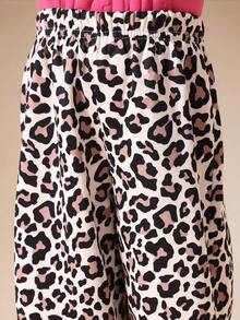 SUMWON Girls Boxy Pink Sweatshirt With Raised Text Design Pullover And Leopard Print Sweatpants Crew Neck Long Sleeve Top Vacation - Multicolor - View 6