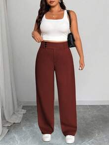 SHEIN Tall CURVE 大码女式休闲宽腰直筒裤 - 紅木色 - 查看 4