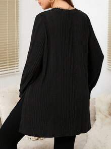 EMERY ROSE Plus Size Casual Solid Color Side Slit Long Sleeve T-Shirt, Versatile For Autumn Fall - Black - View 2