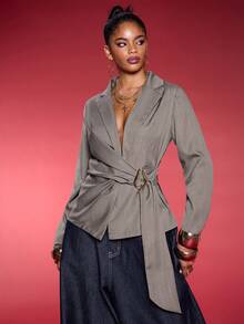 Normani جاكيت بدلة خصر مزينة بمعدن بني رمادي من قماش الكتان المقلد/ملابس نسائية للخريف/إطلالات نسائية للخريف/إطلالات للعودة إلى المدرسة/حفل العودة/ملابس كاجوال للعمل/أسلوب المال القديم للنساء/إطلالات مكتبية للنساء/إطلالات للخروج، ملابس خريفية للنساء