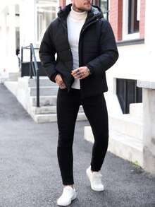 Manfinity Homme Chaqueta con capucha de invierno para hombres, de unicolor, de manga larga, con forro térmico, para uso casual. Chaqueta negra para hombres. Ropa de abrigo para hombres. Ropa de invierno para hombres. Ideal para actividades diarias, de ocio, fines de semana, actividades al aire libre, viajes, entornos de trabajo relajados o ocasiones semi-formales. Regalo para novio/esposo, regalo de aniversario, atuendos navideños. - Negro - Ver 4