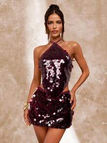 SHEIN BAE Women's Fashionable Sexy Sequin Backless Halter Top,Party Dresses For Women - Burgundy - View 5