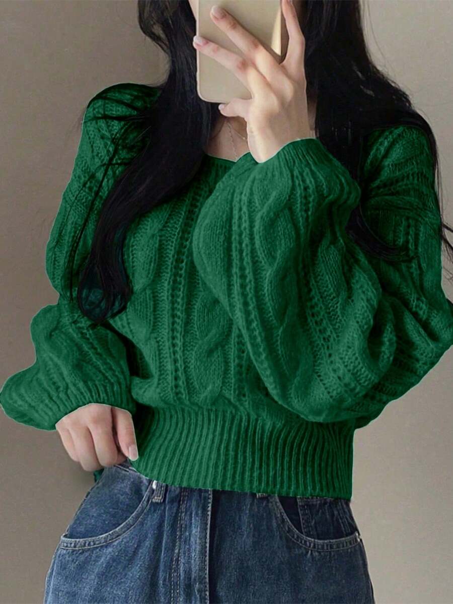 SHEIN LUNE 秋季休闲纯色方领短款毛衣 - 墨綠色 - 查看 1