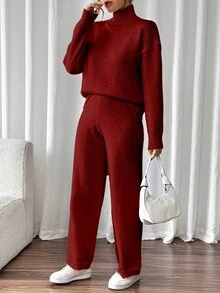SHEIN 女式纯色高领落肩长袖毛衣和针织裤休闲两件套，秋冬 - 紅色 - 查看 3