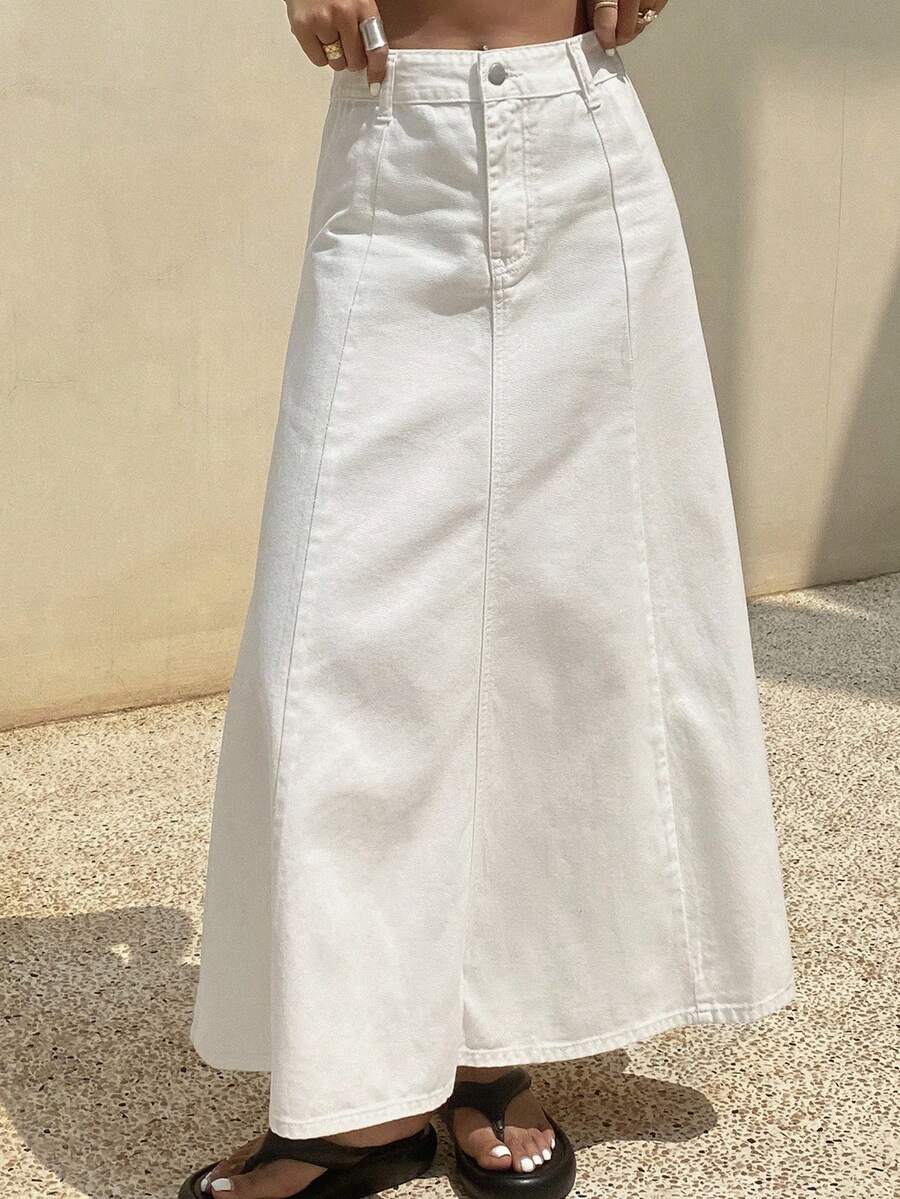 Dazy Tall 高个女式常规腰围褶裥长款休闲牛仔裙 - 白色 - 查看 1