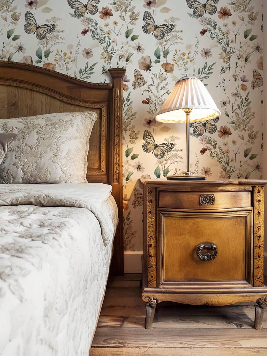 蜂蜜绽放蝴蝶花朵自粘墙纸草地景观撕下粘贴墙纸，野花草地墙纸，可移除墙纸，客厅、卧室、墙壁、家具翻新墙纸墙贴房间装饰墙贴 - 彩色 - 查看 1