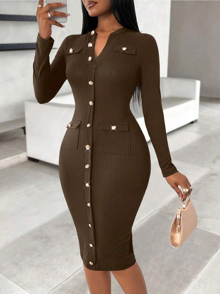 Lyxana Knitted Bodycon Metal Button Embellishment Dress For Women Maxi Women Outfit - Brown - View 1