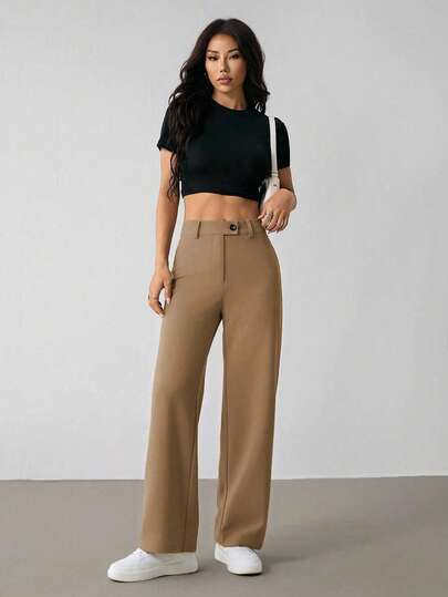SHEIN PETITE Women's Brown Woven Fabric Straight Leg Long Pants With Zipper Details High Waisted Pants 2 Piece Casual Sets Woman Women Wide Leg Pants
