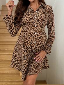 SHEIN Maternity Leopard Print Long Sleeve Single-Breasted Casual Fashion Shirt Dress Leopard Print Dress Animal Print Dress Women Long Sleeve Dress Cheetah Print Dress Brown Dress  Cheetah Print Dress   Brown   Winter - Green - View 1