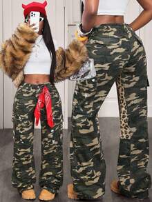 BamGleam Camouflage & Leopard Print Patchwork Cargo Jeans For Women - Army Green - View 1