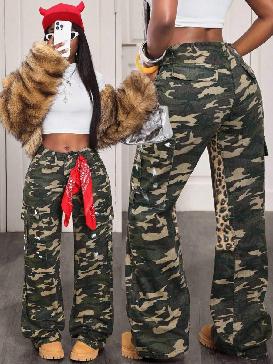 BamGleam Camouflage & Leopard Print Patchwork Cargo Jeans For Women - Army Green - View 1