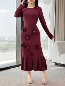 Modelyn Women's Round Neck Long Sleeve Floral Decor Pleated Hem Elegant Dress - Burgundy - View 6