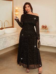 Firerie 大码女式优雅休闲连衣裙，适合度假、派对、约会、聚会、舞会、下午茶，带网眼、亮片、刺绣、松紧带、不对称下摆、单肩、长袖、秋冬 - 黑色 - 查看 6