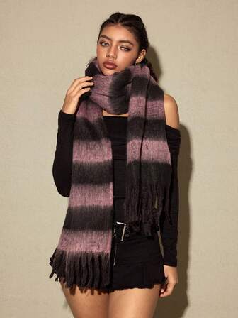 Grunge Punk 1pc Colorblock Striped Scarf, Thick Warm Soft Scarf For Winter, Rectangular Large Scarf, Suitable For Daily Matching