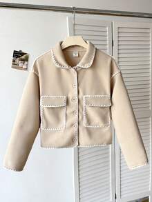 Sparklyn Teen Girl Casual All-Match Versatile Black & White Contrast Trim Lapel Large Pocket Jacket, Autumn/Winter