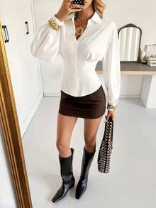 Siren Gaze Women's Elegant White Office Blouse,Autumn Plain Pleat Button Long Sleeve Shirt,Slim-Fit Collared Business Casual Chic Commuting Teacher Party Top - Multicolor - View 7