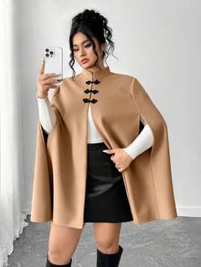 Elenzga Áo choàng len cổ khóa thanh lịch cỡ lớn cho nữ - Màu Khaki - Xem 3