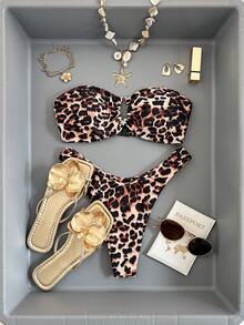 Swim Vcay Women Summer Beach Vacation Leopard Print Ruched Bust Bikini Set Festival - Multicolor - View 6