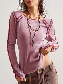 Bohemela 女式休闲纯色针织圆领长袖T恤 - 粉色 - 查看 5