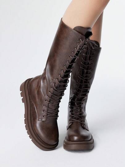 Goth Women's Knee-High Boots Fashionable Lace-Up Thick-Soled Chunky Heel Women's Boots