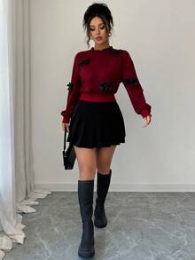 Elenzga 女式秋季新款时尚简约蝴蝶结装饰短款运动衫 - 酒紅色 - 查看 4